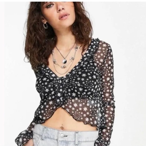 Free People Marne Sheer Black & White Star Tie Front Long Sleeve Crop Blouse - Picture 4 of 12